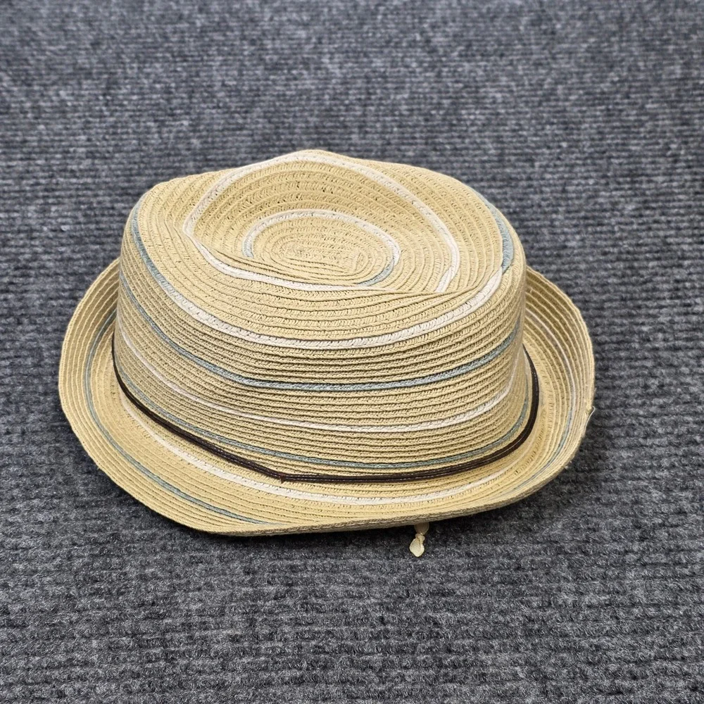 C.C Exclusives Straw Fedora Hat Women's Beige Blue Striped Summer Beach Sun Hat
